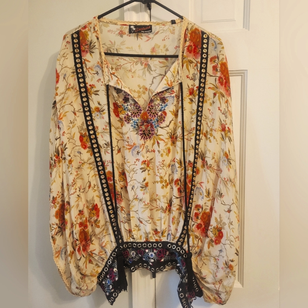 The Kooples Cream and Black Blouse with Flutter Sleeves and Tie Front